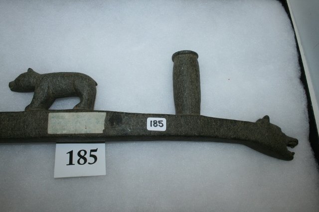 Steatite Bear Effigy Pipe: 15” Steatite Bear Effigy Pipe – circa 1850, fierce Bear Head on other end, Talladaga Indians, North Carolina, Rare