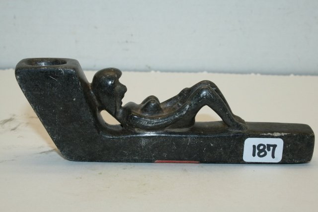 Steatite Birthing Woman Pipe: 5 5/8” Steatite Birthing Woman Pipe Reclining with child’s head protruding – Polk Co. North Carolina, rare! – Nicely Done!