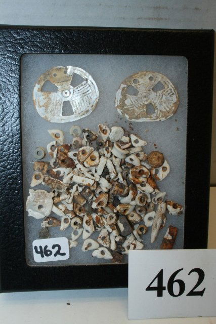 Lot Consisting of Shell Beads: Lot Consisting of Shell Beads and 2 Engraved Shell Gorgets, 1 ½” Dia., Tenn. Mound Find, Red Ochre Stained