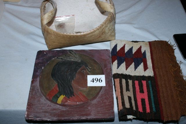 Birch Bark Basket, Plaster Plaque: Lot consisting of Birch Bark Basket, Plaster Plaque, Sampler Textile