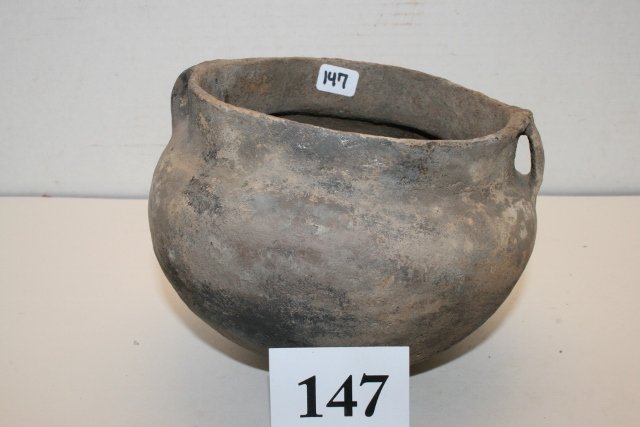 2 Lug Bowl: 6” x 4 ¼” 2 Lug Bowl, Tenn., Leonard Wood Coll., Cracked, Solid restoration, hole in bottom