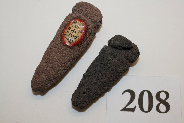 2 Hohokam Pattos, Prayer Sticks: 2 Hohokam Pattos, Prayer Sticks, largest 3” – made of Lava, Sacaton Phase, Prehistoric
