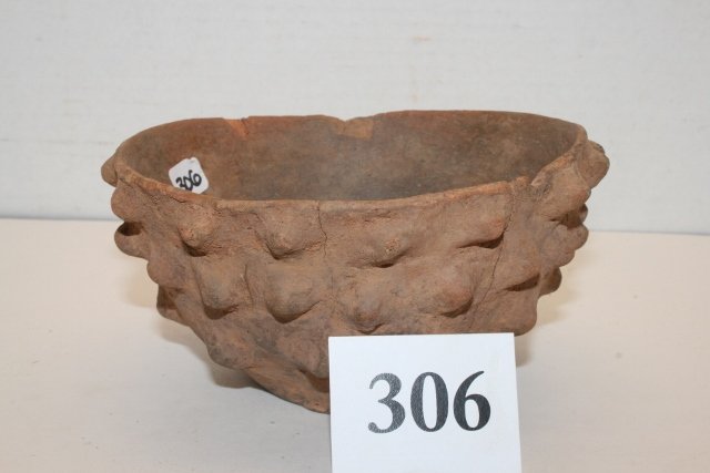 Knobbed Side Pottery Bowl: 5 ½” x 3” Knobbed Side Pottery Bowl, Mound Find, Havanna Yell Co. Arkansas, excavated 2-15-35, Howards Farm – crcak & few rim chips