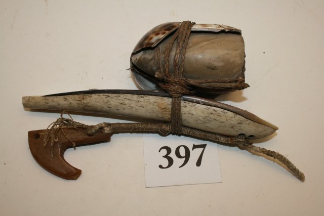 Carved Bone Lure - NO SHIPPING OUT OF THE COUNTRY: 6 ½” x 3” Carved Bone Lure, with rock weight, shell fetish and bone hook, California Indian Fishing Lure, Nice Artifact - NO SHIPPING OUT OF THE COUNTRY