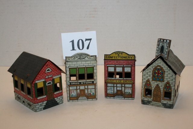 4 Tin Buildings, School, Drug Store: 4 Tin Buildings, School, Drug Store, Church, Confectionary