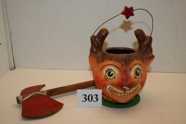 Paper Mache Reindeer Candy Container: Contemporary Paper Mache Reindeer Candy Container, wood tomahawk