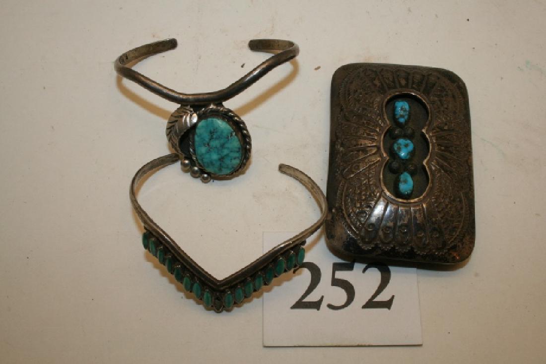 2 Silver Turq. Bracelets, engraved buckle with turq. (1 of 1)