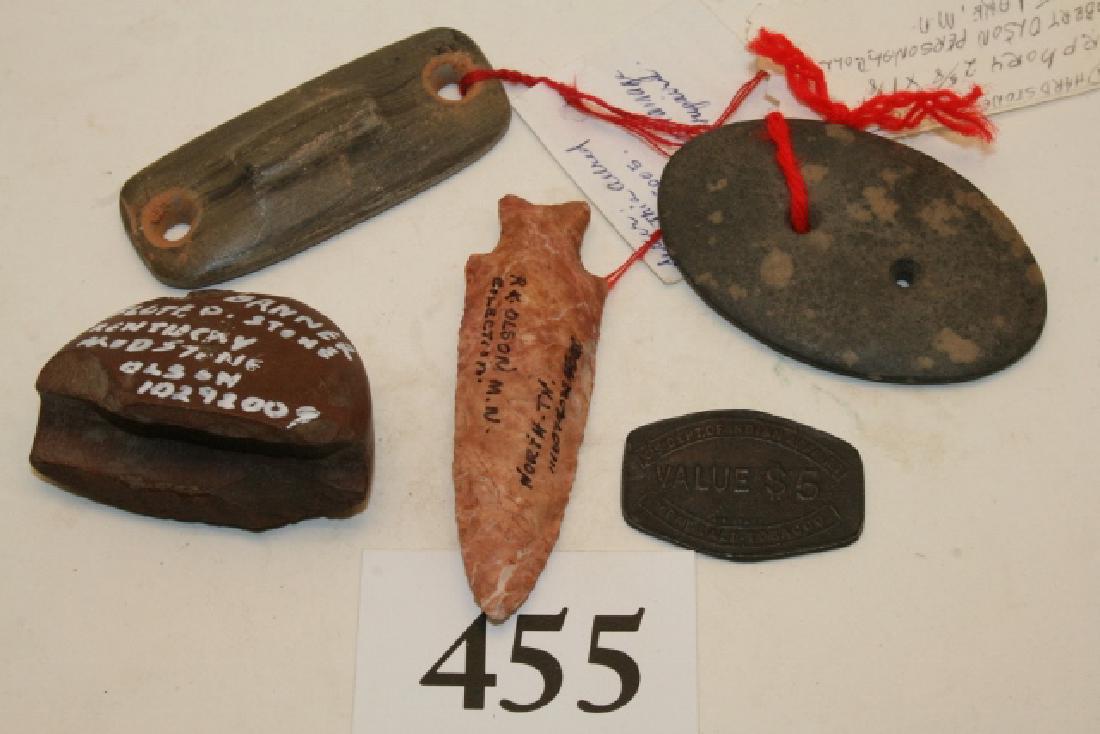 2 Slate Porphry Gorgets: 2 Slate Porphry Gorgets (contemporary) Flint Point, broken half of a winged bannerstone