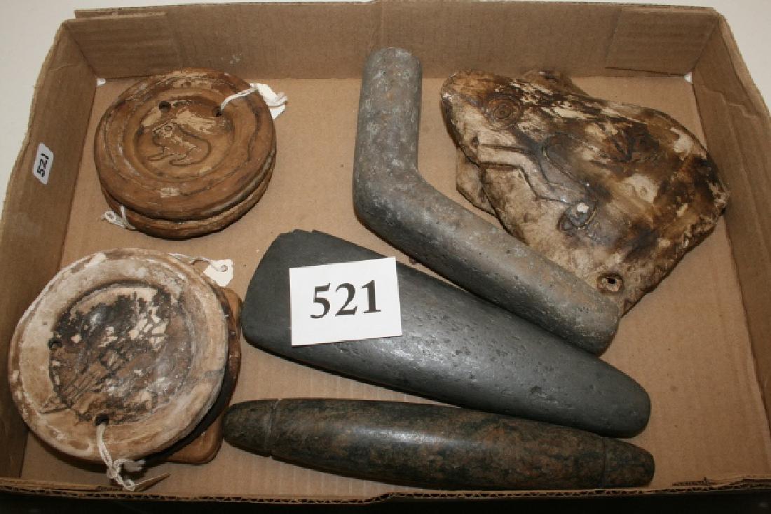 7 Plaster Reproduction Gorgets, 7 ¼” Double Groove Bar,: 7 Plaster Reproduction Gorgets, 7 ¼” Double Groove Bar, 8 1/8” Celt, Chipped bit, 7” x 3 ¾” Stone Pipe – all age uncertain