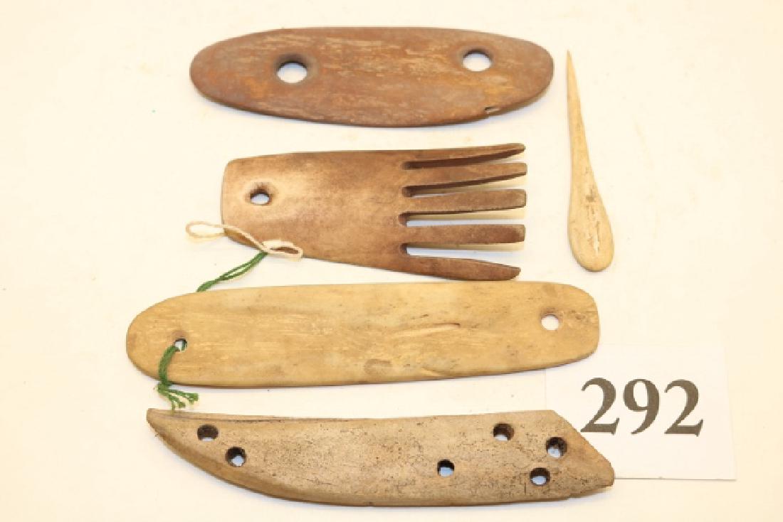 5” Bone Tool, Bone Comb: 5” Bone Tool, 3 ½” Bone Comb, 5 ¼” Bone Gorget, 4 3/8” Bone Gorget, 3” Bone Awl, Alaska
