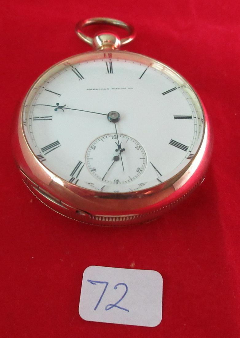 American Watch pocket watch in 14 k gold filled: American Watch in 14 k gold filled decorated case. Key set. Cir 1872 Porcelain dial in good condition and running. Ser 626681 Case measures 2 14 inches