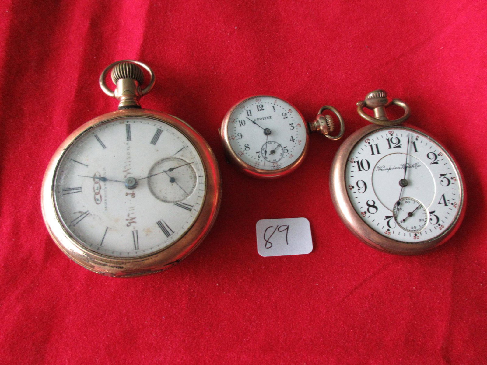Three antique gold filled pocket watches.: Three antique gold filled pocket watches. Cervine with porcelain dial in good condition. Not running. 7 jewel. Langendorf Watch Co. Switzerland marked on back of works. No ser.no. Measures 1 1/4 inche