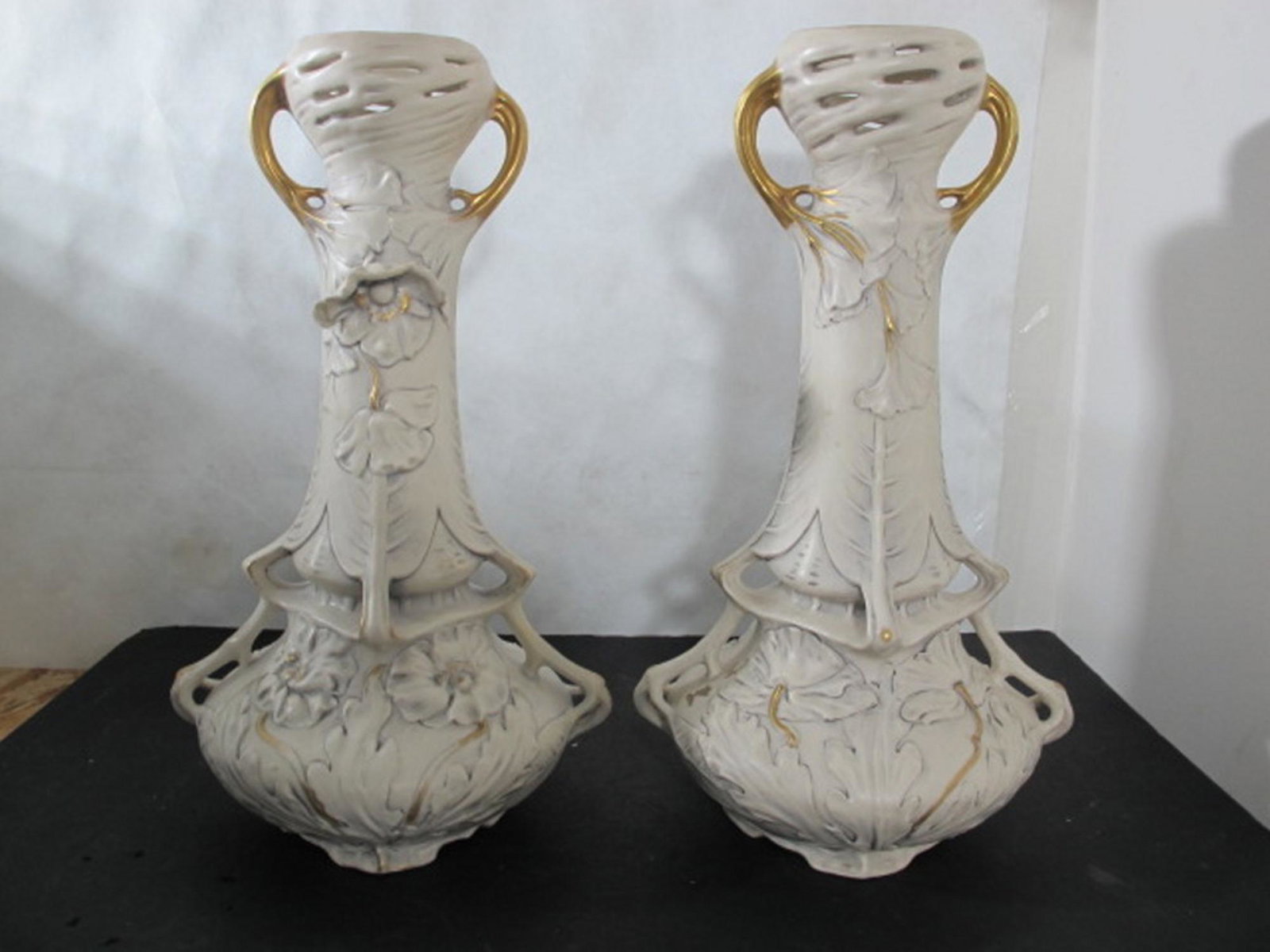 1890 Monumental pair Royal Dux Art Nouveau vases.: 1890 Monumental pair Royal Dux Art Nouveau vases. With Flpwers.In good original as found condition. with great colors and detail. Measures 17 inches tall.