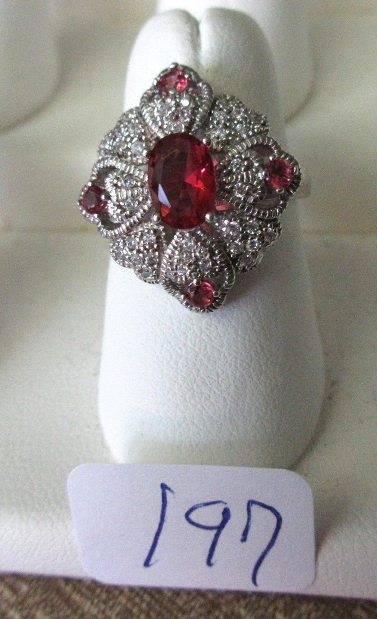 Fancy ruby and white topaz sterling ring. 925 size 6: Fancy ruby and white topaz sterling ring. 925 size 6 In good original as found condition. With great colors and detail