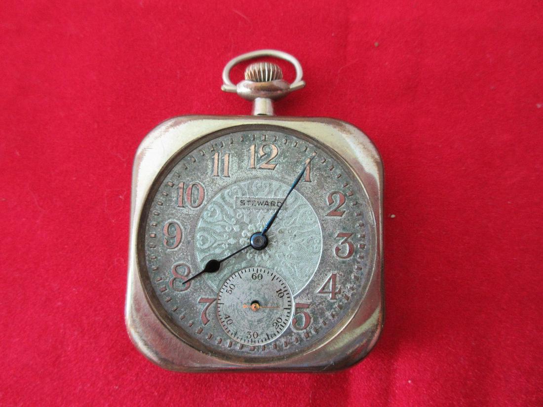 Unusual Art Deco 15 jewel Steward antique pocket watch.: Unusual Art Deco 15 jewel Steward antique pocket watch. Fancy gold filled case. Shows wear from use and age. Missing crystal. Swiss Langendorf W. Co. No serial number. Case measures 1 3/4". Running pa