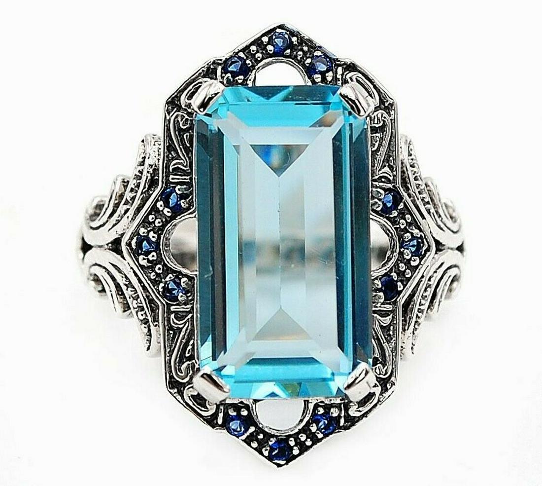 Beautiful 8 CTW Aquamarine & Sapphire 925 Sterling: Beautiful 8 CTW Aquamarine & Sapphire 925 Sterling Silver Art Deco Ring Jewelry Sz 9,