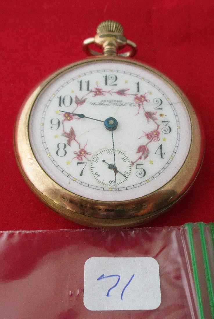 American Waltham Watch Co. Antique pocket watch.: American Waltham Watch Co. Antique pocket watch. Engraved gold filled case. Fancy porcelain dial with hand painted flowers and vines. Has hairlines (please see photos). Running. Serial 5908566. Case 2
