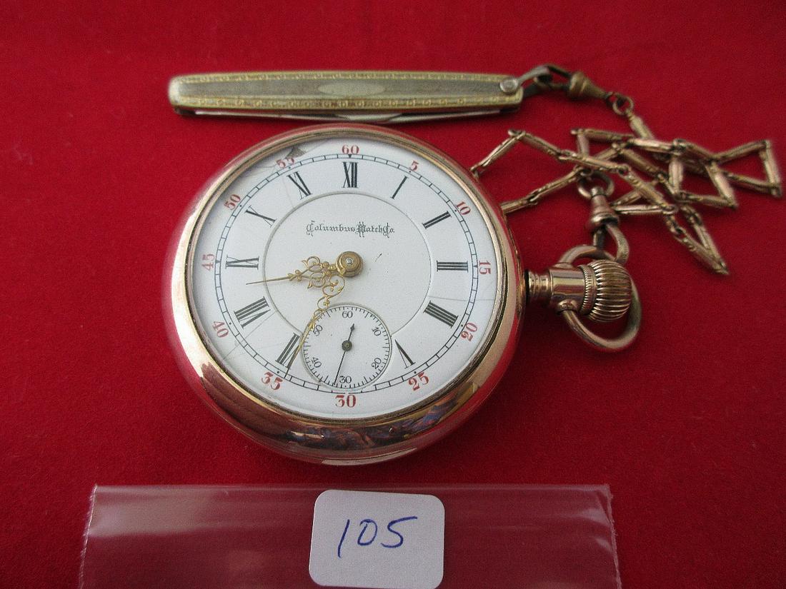 Fancy gold filled Columbus Watch Co. pocket watch: Fancy gold filled Columbus Watch Co. antique pocket watch with engraved stag deer on back. Attached gold filled pocket knife with chain. Porcelain dial. Small chip on dial near top. Running. Swing out