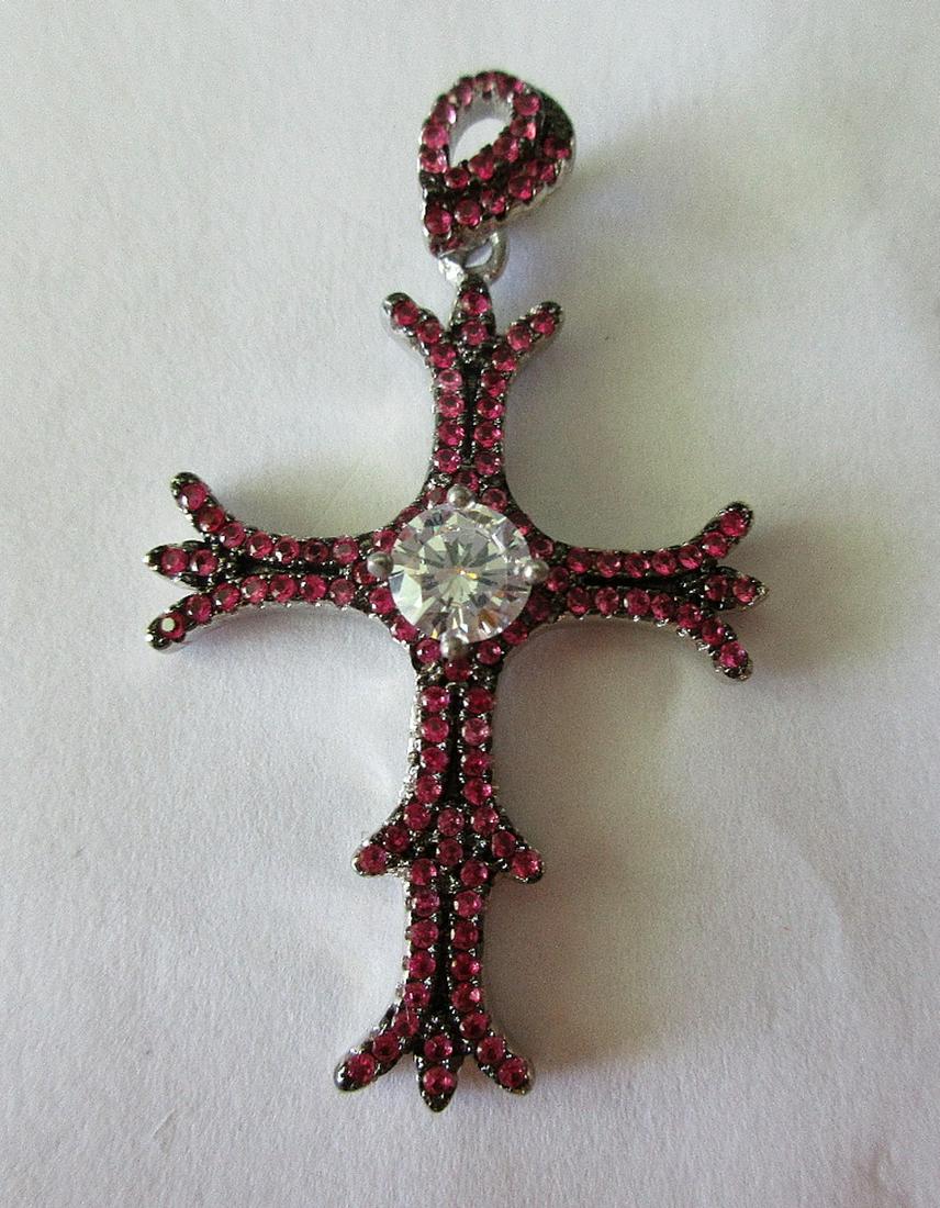 Ruby and White Topaz sterling silver Cross pendant.: Ruby and White Topaz sterling silver Cross pendant. Jewelry. 1 3/4” long.