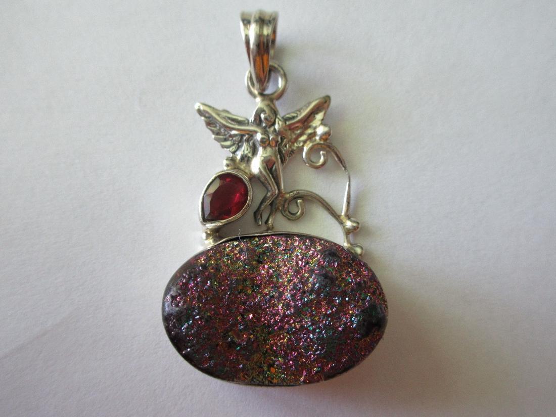 Natural Titanium Druzy and Ruby Tourmaline and sterling: Natural Titanium Druzy and Ruby Tourmaline and sterling fairy pendant. Jewelry.