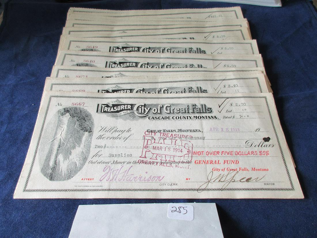 Collection of 28 City of Great Falls, Cascade County: Collection of 28 City of Great Falls, Cascade County Montana 1913 canceled checks. Great lithography.