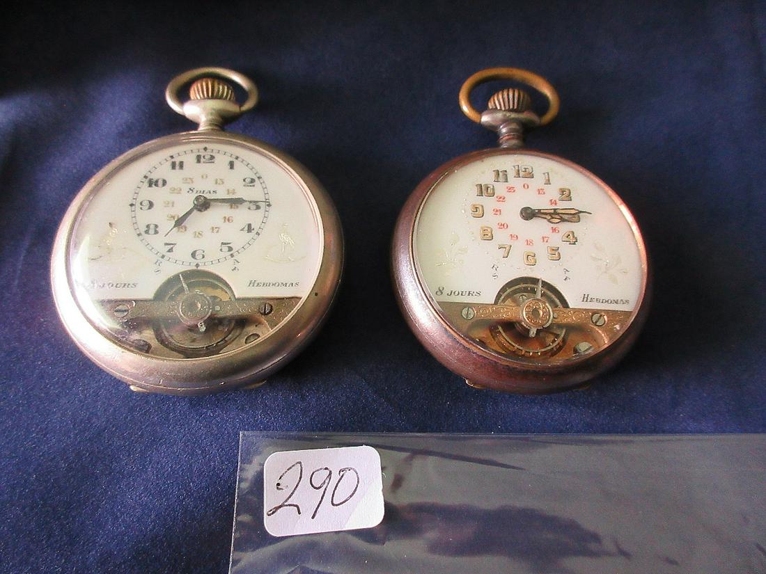 Two antique skeleton pocket watches.: Two antique skeleton pocket watches. Back of works marked Spiral Breguet Lebees Visibles Paris 1900 Genève 1896 Chicago 1902. Case measures 1 7/8". Runs part time. Second watch marked same as other w