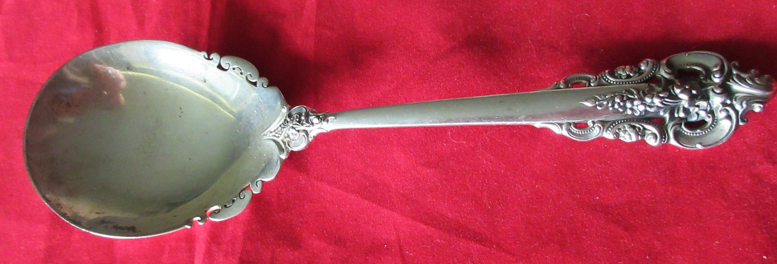 Elegant Grande Baroque sterling flatware large serving: Elegant Grande Baroque sterling flatware large serving spoon. In good original as found condition with great quality and detail. Need polished Measures 9 ½ inches. 144 grams