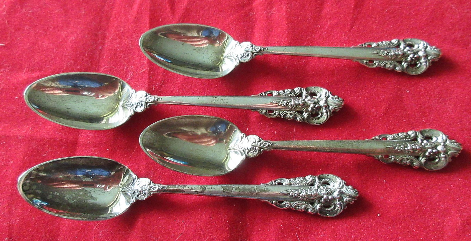 4 Elegant Grande Baroque sterling flatware demitasse: 4 Elegant Grande Baroque sterling flatware demitasse spoons. In good original as found condition with great quality and detail. Need polished Measures 4 1/8 inches. 54 grams