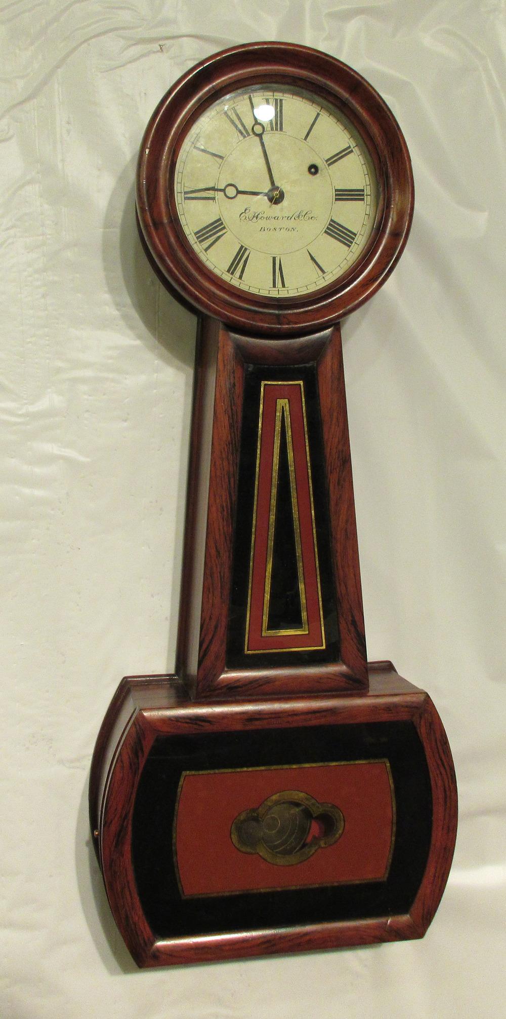 High end antique Howard number 5 banjo clock.: High end antique Howard number 5 banjo clock. Running at time of listing. Great original finish with beautiful graining as shown. In good original as found condition. Beautiful colors with great quali