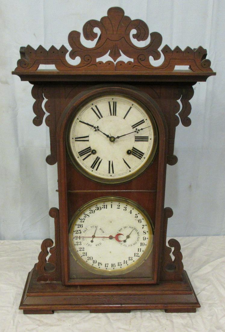 1885 E.N. Welch Aarditi double dial calendar shelf: 1885 E.N. Welch Aarditi double dial calendar shelf clock. Walnut case in good running condition at listing. In good original as found condition. Beautiful colors with great quality and detail. Measure