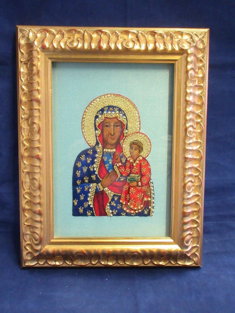 Unusual vintage hand done Icon.: Unusual vintage hand done Icon. Depicting the Czenstochowa Mother of God (The Polish Black Madonna), Hand done in bullion, sequins, seed pears, and paste stones. 11 inches x 9 inches, In good original
