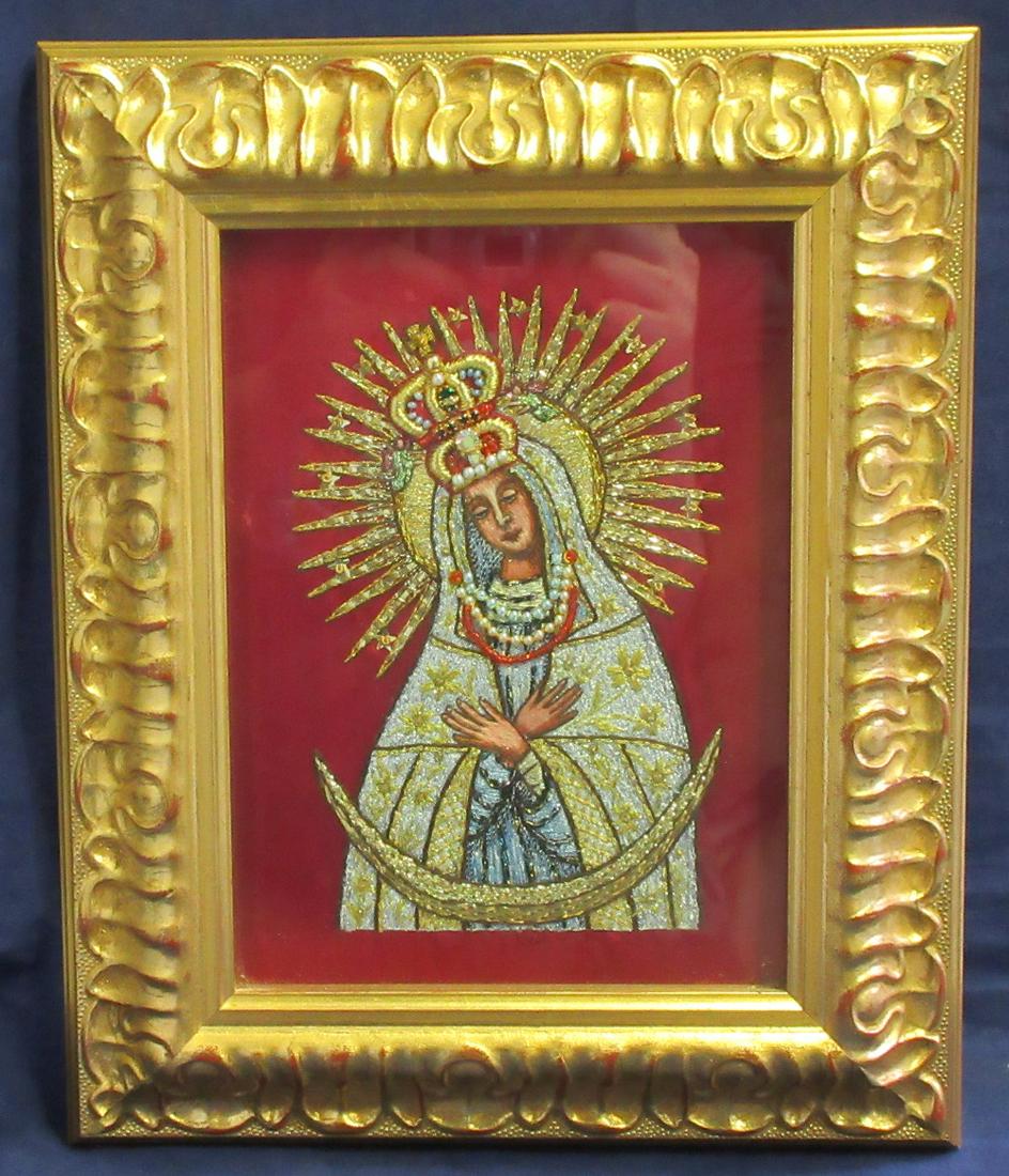 Unusual vintage hand done Icon. Lithuanian National: Unusual vintage hand done Icon. Lithuanian National Icon Our Lady of the Gate of Dawn, Hand done in bullion, sequins, seed pears, and paste stones. 12 inches x 9.2 inches, In good original as found co