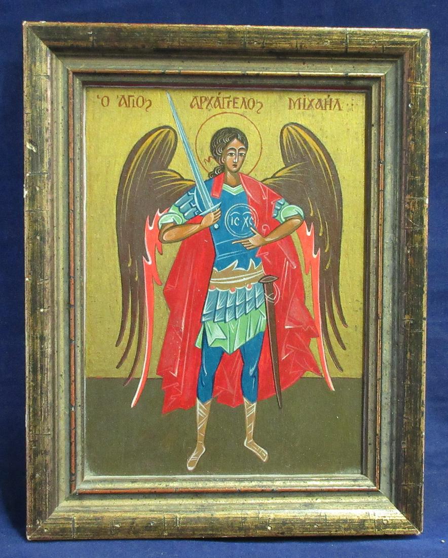 Angelic hand-painted icon of the Archangel Michael,: Angelic hand-painted icon of the Archangel Michael, second half 20th century, 6 inches x 4.25 inches. In good original as found condition. Beautiful colors with great quality and detail.