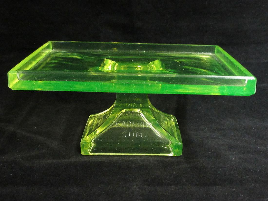 Clarks Teaberry Gum Vaseline glass pedistal: Clarks Teaberry Gum Vaseline glass pedistal. 3 1/4" t x 7" x 4 ¾. In good original as found condition. Beautiful colors with great quality and detail