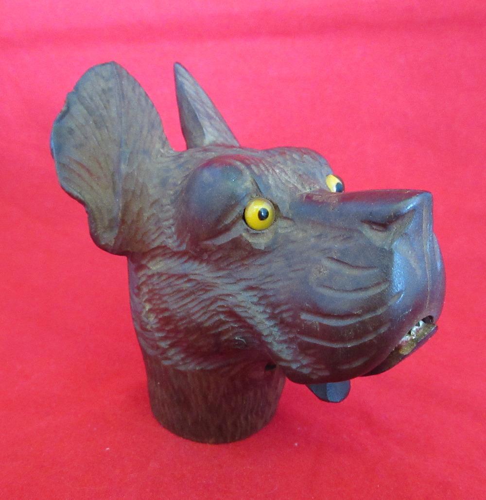 Splendid vintage hand carved dog wood cane top: Splendid vintage hand carved dog wood cane top. In form of dog with glass eyes. Mouth opens to hold handkerchief. Measures 3 by3 inches. In good original as found condition. Beautiful colors with grea