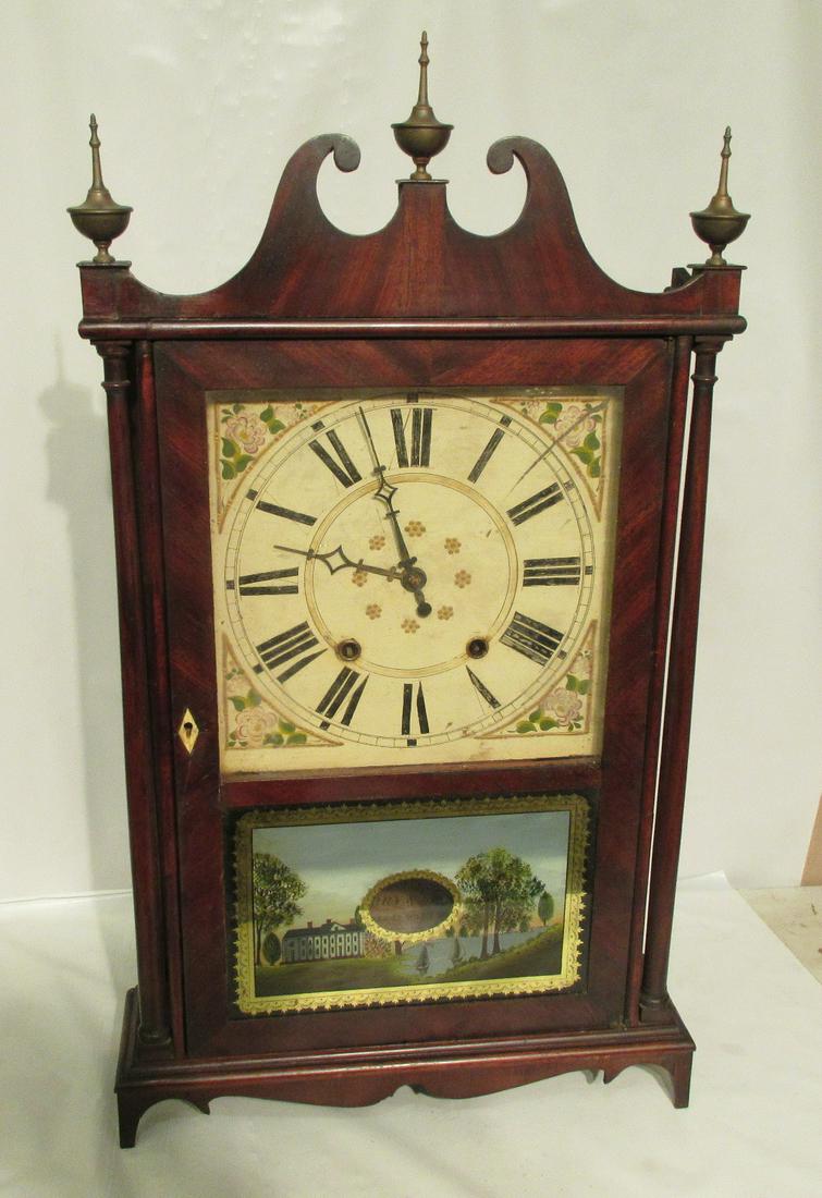 Great Ely Terry and Sons Pillar and Scroll clock: Great Ely Terry and Sons Pillar and Scroll clock. Circa 1820. In good original as found condition. 31" tall. Good old label, finial, glass. Minute hand shakes, needs hole repair. In good original as f