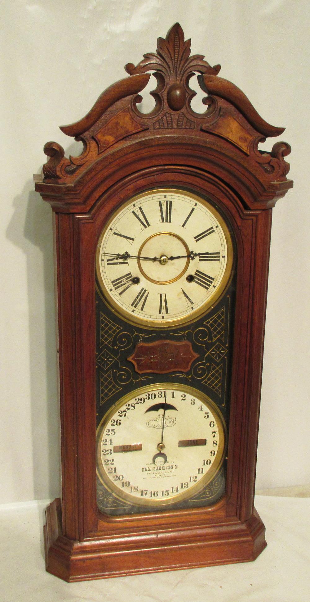 Great Ithaca #4 Favorite double dial shelf clock: Great Ithaca #4 1/2 Favorite double dial shelf clock. Circa 1880. Walnut case. Both original top and bottom movements. In good as found condition with great quality and detail 31" t. x 14" w