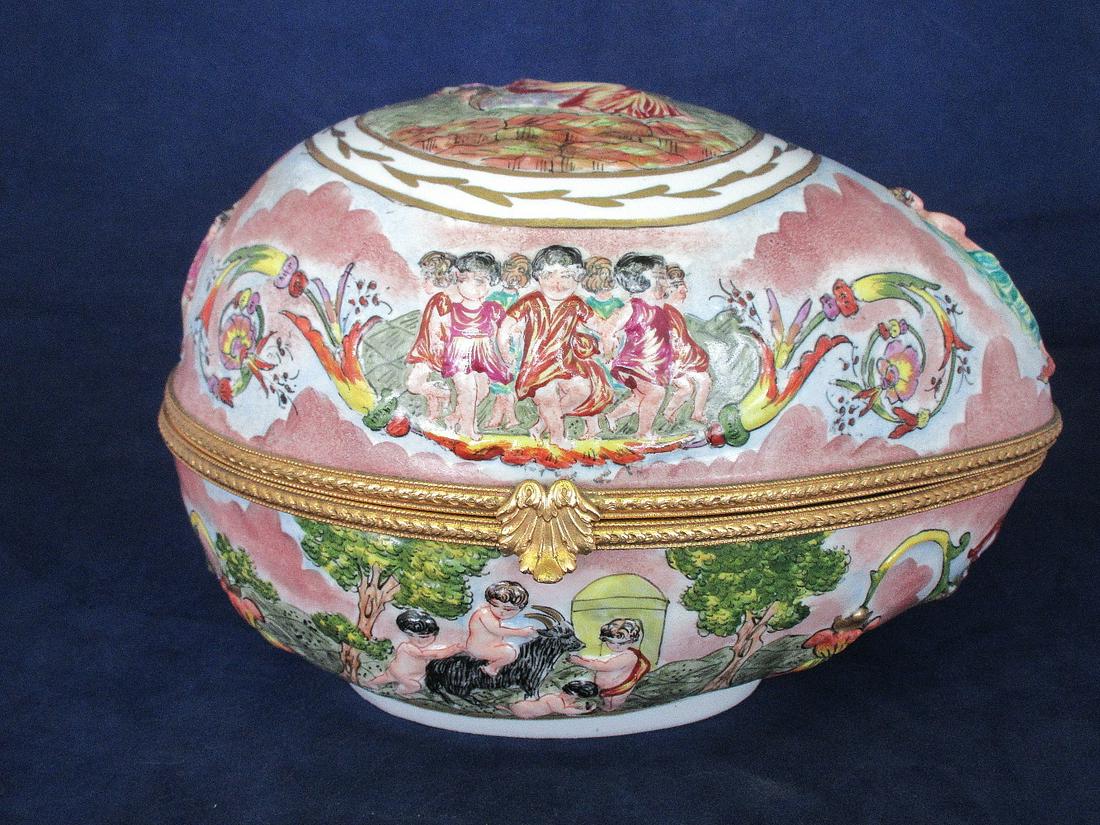 Delightful Large capodimonte covered jewelry box. In: Delightful Large capodimonte covered jewelry box. In shape of egg with elaborate decoration. Signed on bottom. Measures 8 ¼ â€œwide by 6 inches tall. In good as found condition with beautif