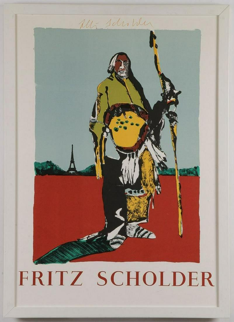 FRITZ SCHOLDER SIGNED LITHOGRAPH INDIAN NATIVE AMERICAN: FRITZ SCHOLDER SIGNED LITHOGRAPH INDIAN NATIVE AMERICAN POSTER. Fritz Scholder (Native American 1937 - 2005) signed lithograph poster depicting An American (Indian) in Paris, signed in marker upper ma