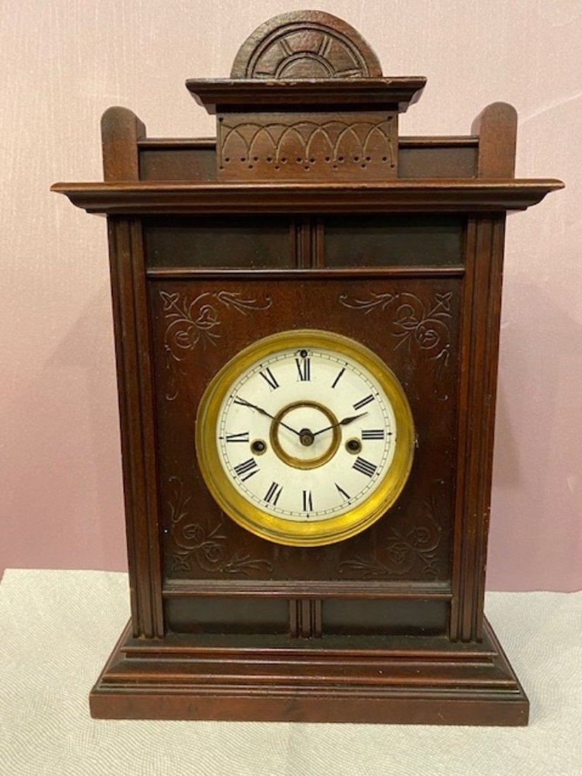 Neat Welch Patti shelf clock.: Neat Welch Patti shelf clock. 17 inches tall. Porcelain dial. In good as found condition