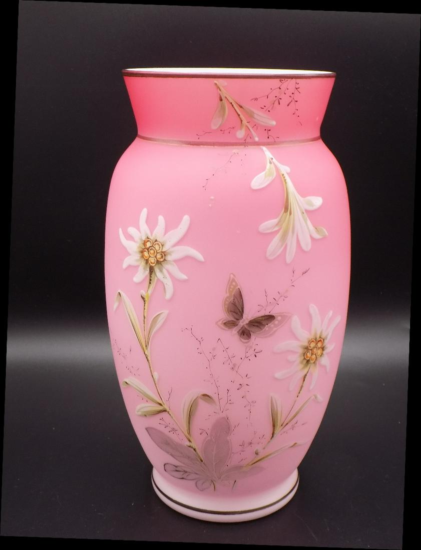 Beautiful Victorian Webb decorated art glass vase: Beautiful Victorian Webb decorated art glass vase. With butterfly and flowers. IN GOOD ORIGINAL AS FOUND CONDITION. Beautiful colors with Great quality and detail. Factory flaw on top rim as shown but