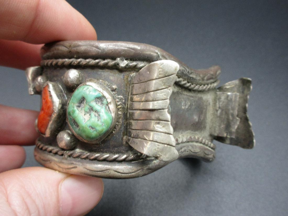Artist D. F. Garcia Vintage Native American Indian: Artist D. F. Garcia Vintage Native American Indian bracelet/watchband. All Indian jewelry is sterling, Tested and guaranteed. Turquois, and coral beads IN GOOD ORIGINAL AS FOUND CONDITION. Beautiful c