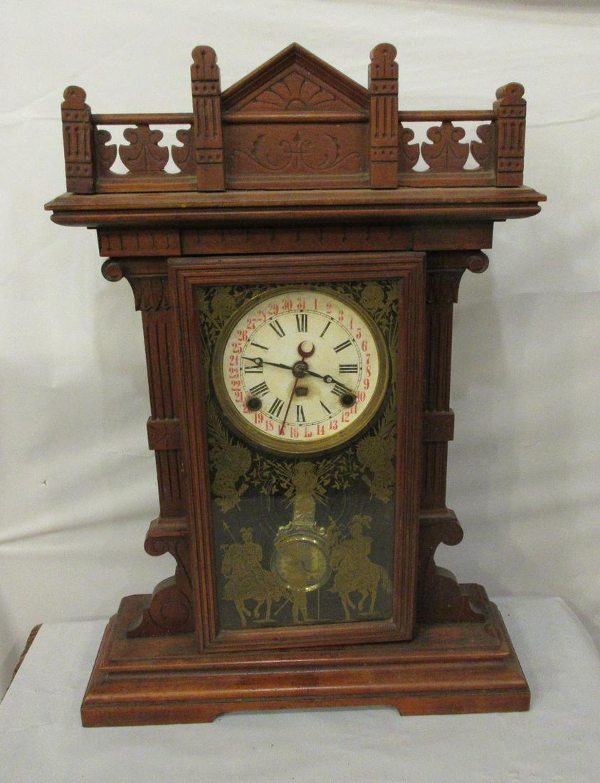 Benjamin Franklin Francis E Morse clock with calendar.: Benjamin Franklin Francis E Morse clock with calendar. Dated 1881. IN GOOD ORIGINAL AS FOUND CONDITION and running. Beautiful colors with Great quality and detail. Measures 22 tall 5 inch dial. Origin