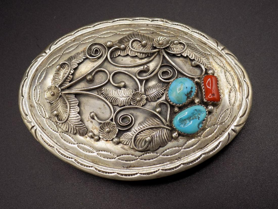 Vintage Native American Indian turquois & coral belt: Vintage All Indian jewelry is sterling, Native American Indian turquois & coral belt buckle. Artist signed. All Indian jewelry is sterling, Tested and guaranteed. Real turquois and coral silver marked