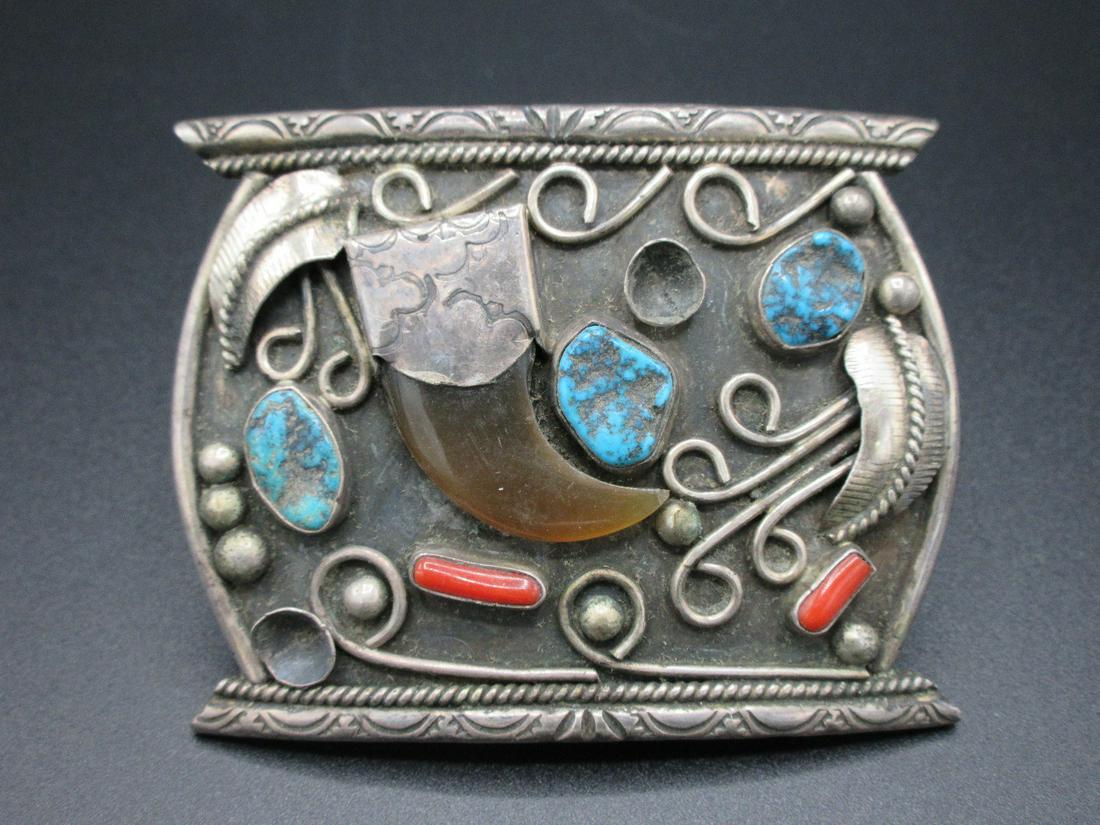 Fancy Vintage Native American Indian belt buckle: Fancy Vintage Native American Indian belt buckle. Real turquois, coral and silver. All Indian jewelry is sterling, Tested and guaranteed. IN GOOD ORIGINAL AS FOUND CONDITION. Beautiful colors with Gre
