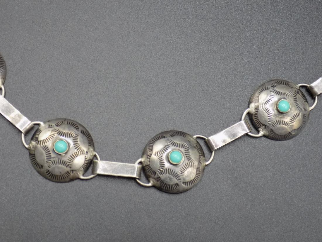 Beautiful sterling and turquois ladies Concho belt: Beautiful sterling and turquois ladies Concho belt. IN GOOD ORIGINAL AS FOUND CONDITION. Beautiful colors with Great quality and detail. Measures 32 ½ inches long. Concho 1 inche wide.