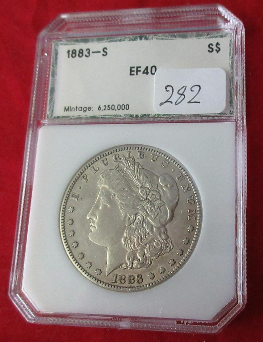 1883 S EF 40 PCI graded Morgan silver dollar.: 1883 S EF 40 PCI graded Morgan silver dollar.