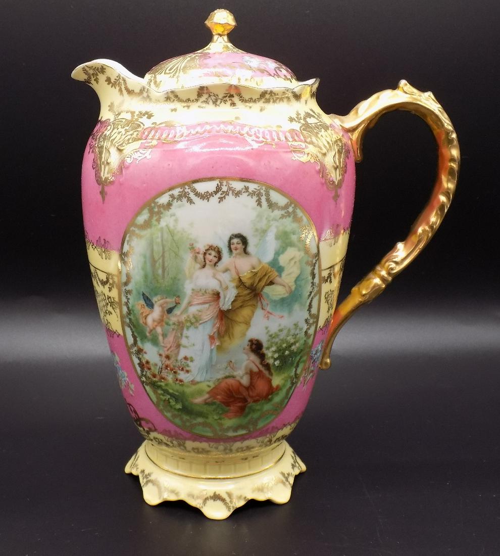 Exquisite decorated antique chocolate pot. 1899 to 1918: Exquisite decorated antique chocolate pot. 1899 to 1918. Made in Austria by Oscar & Edgar Gutherz. IN GOOD ORIGINAL AS FOUND CONDITION. Beautiful colors with Great quality and detail. Measures 8 ¼