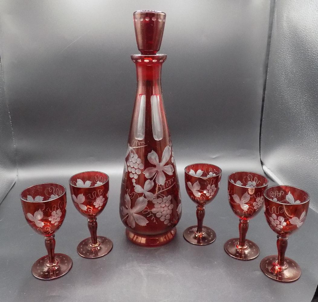 Wonderful vintage Red cut to clear liquor set (1 of 6)