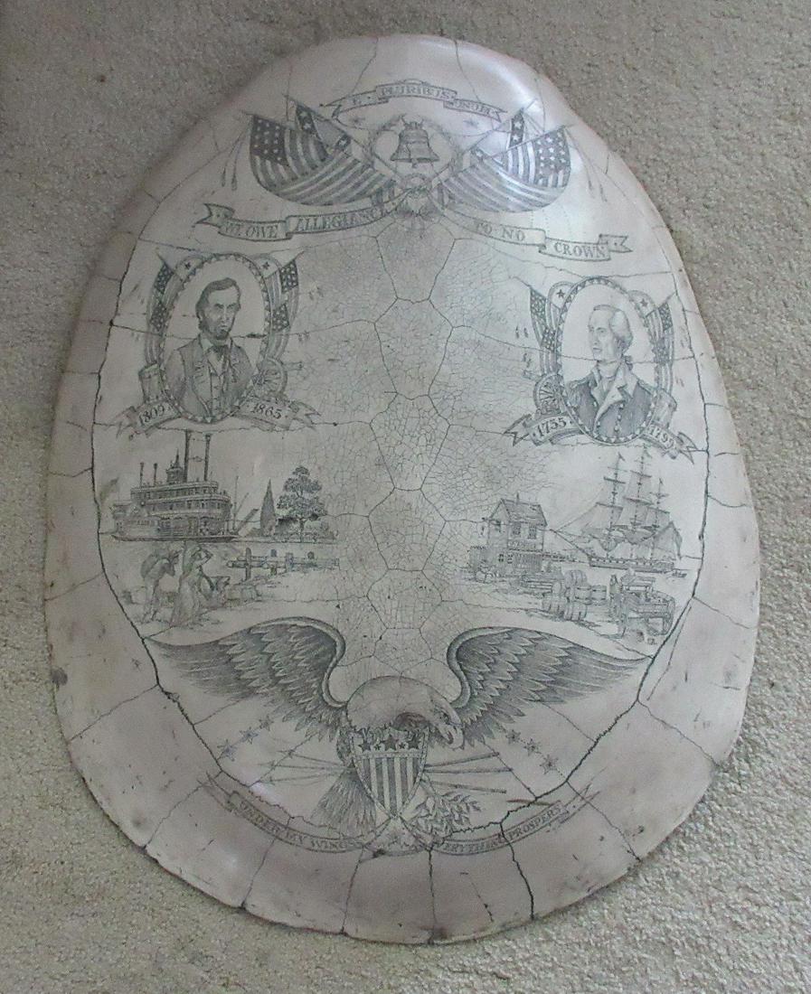 Magnificent Patriotic Scrimshaw wall hanging: Magnificent Patriotic Scrimshaw wall hanging. In shape of turtle shell and made of composition material I am not sure. Of. Master engraving. IN GOOD ORIGINAL AS FOUND CONDITION. Beautiful colors with